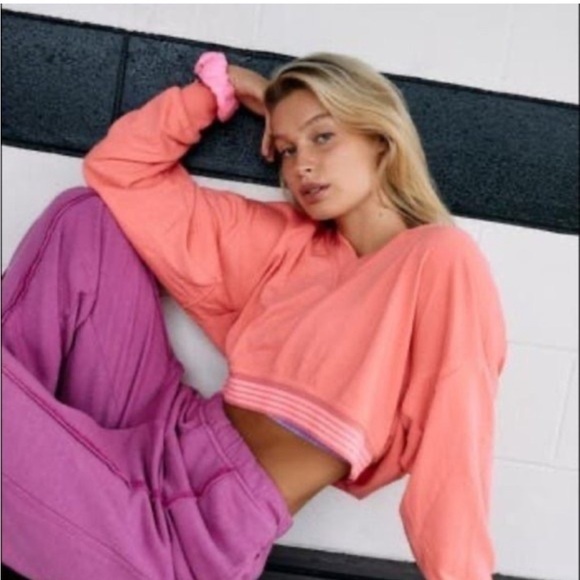 FP Movement by Free People Tops - Free People Movement Hoodie XS Grand Slam Coral Pink Cropped V-Neck Ribbed Trim